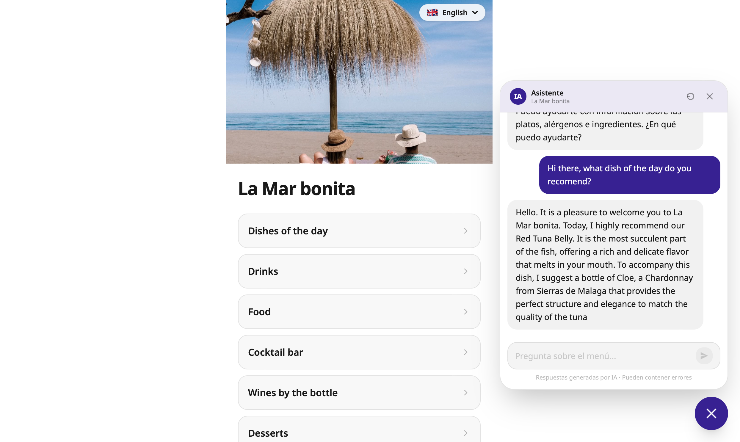 Carta digital multiidioma con sumiller IA — vista del cliente del restaurante en QRSur