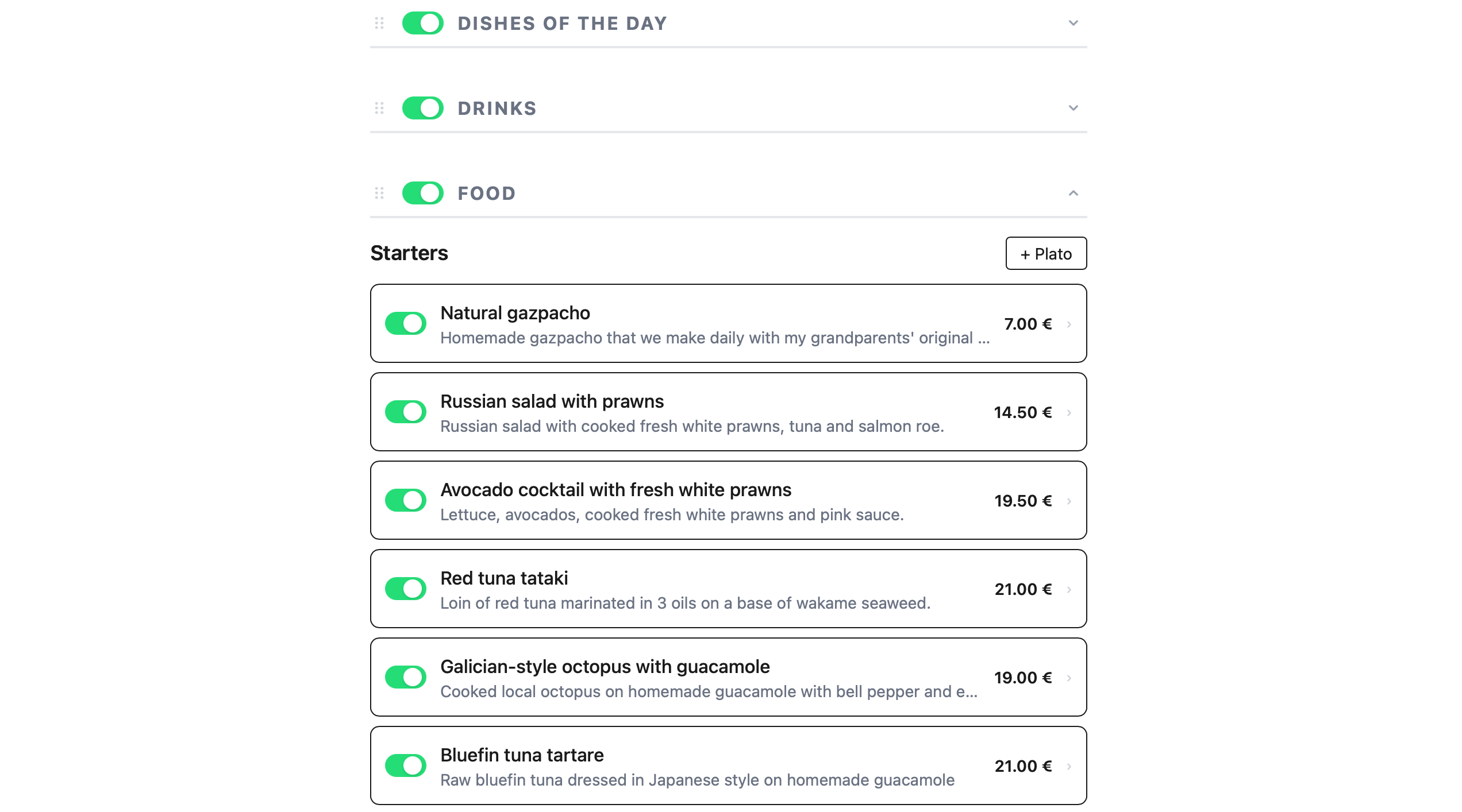 Editor de cartas digitales en el dashboard de QRSur — gestión de platos, precios y disponibilidad