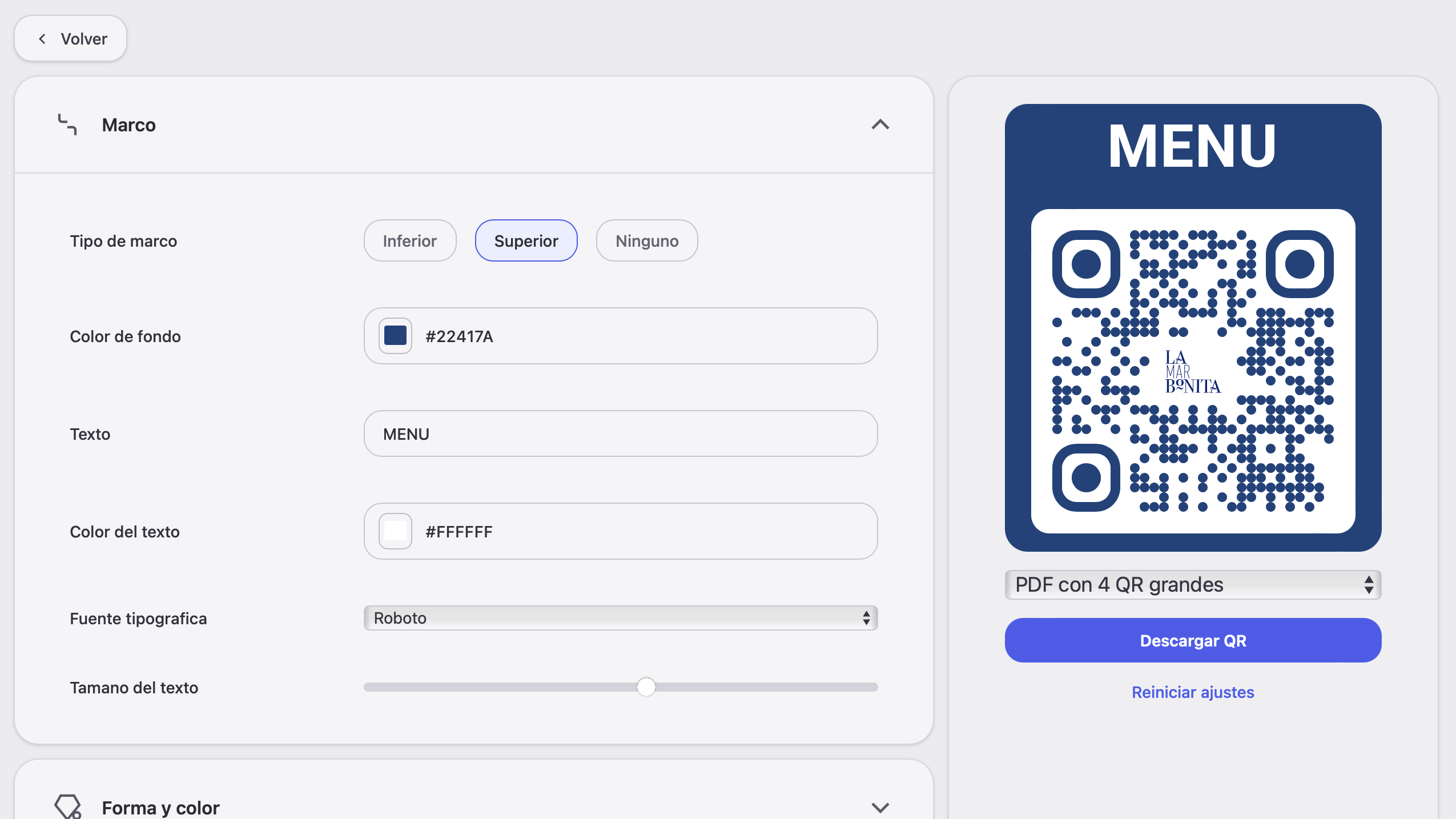 Generador de códigos QR personalizados para restaurantes — colores, marco, tipografía y descarga PDF